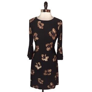 TOMMY HILFIGER Size 10 A-Line Dress Black Brown Floral 3/4 Sleeve Stretch Knit